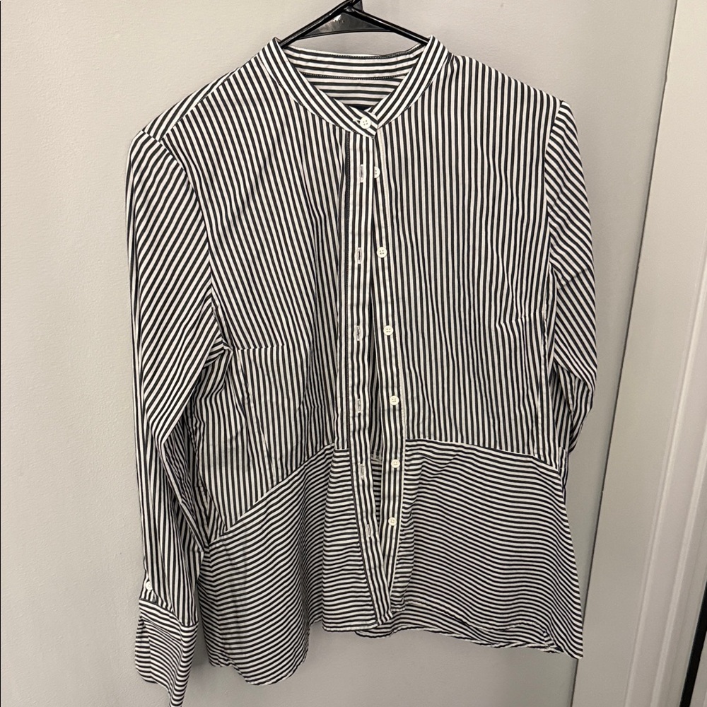 French Connection Black and White Striped Blouse light weight with mild peplum